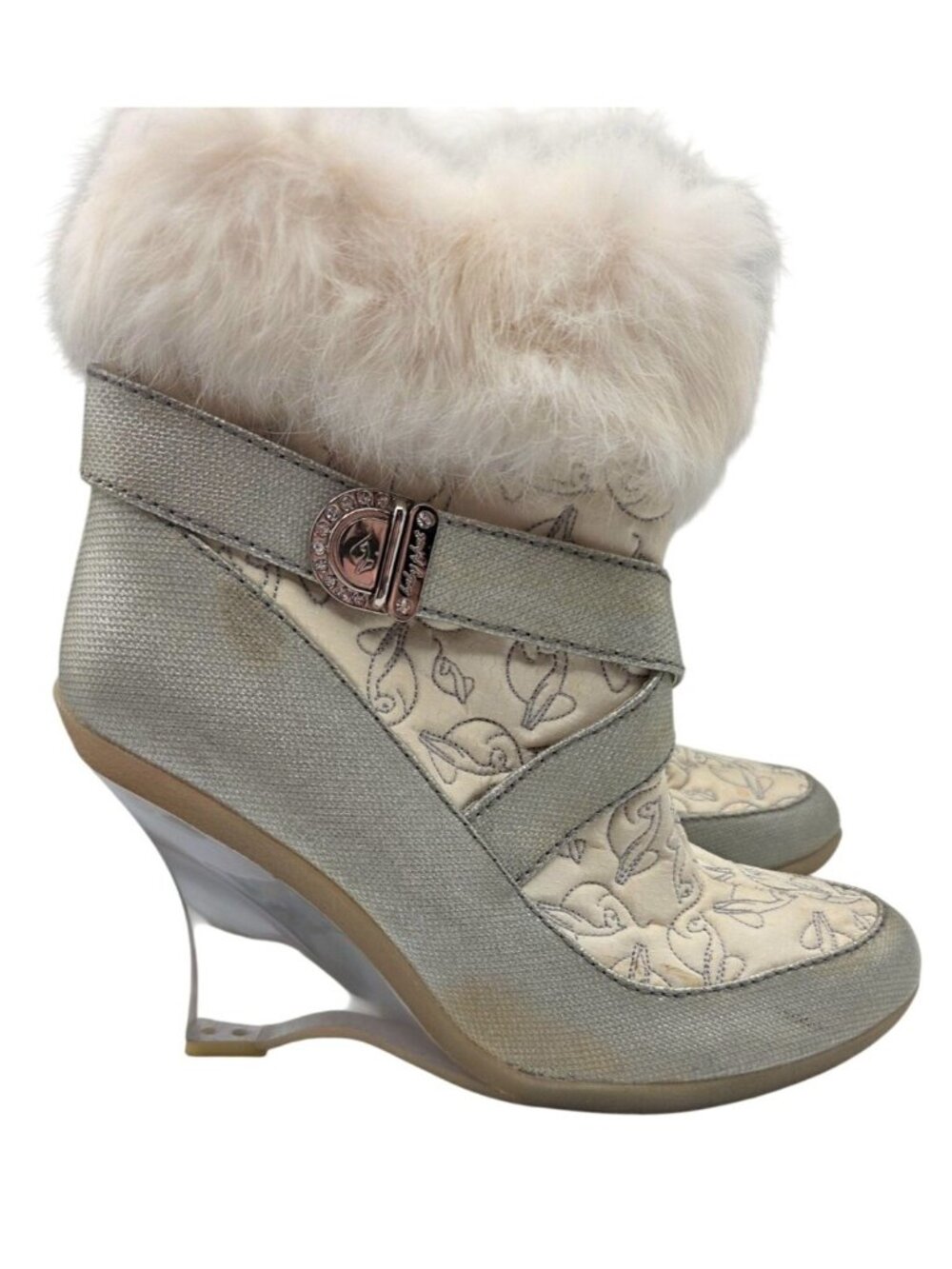 Baby Phat Wedge Boots Womens 8 B Silver Faux Fur Lucite Heel Y2K McBling